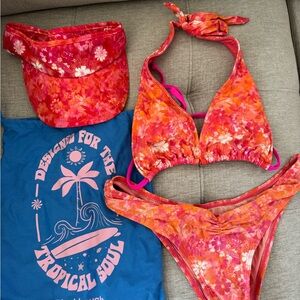 Vibrant Floral Bikini Set with Matching Visor